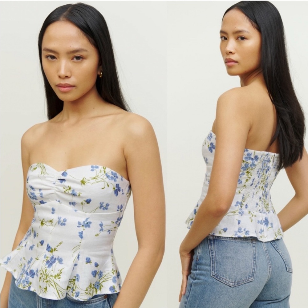Reformation SIZE 6 Diana 100% linen strapless ruffle hem top in white floral